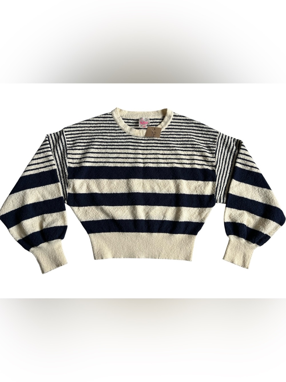 NWT So Me Navy and Cream Striped Cropped Crewneck Sweater